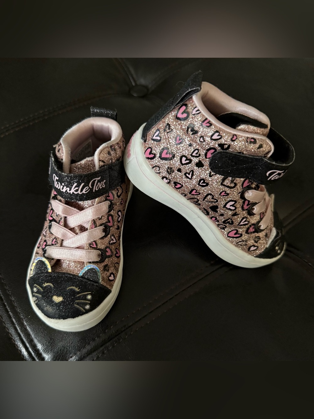 Skechers Twinkle Toes Pink Glitter Heart Cat High-Top Sneakers